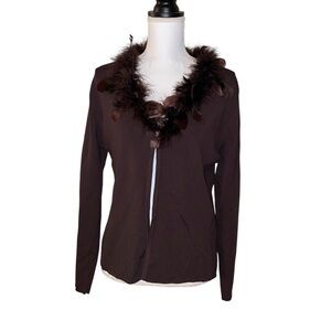 Lisa International Faux Feather Collar Cardigan Sweater Brown Women’s Large